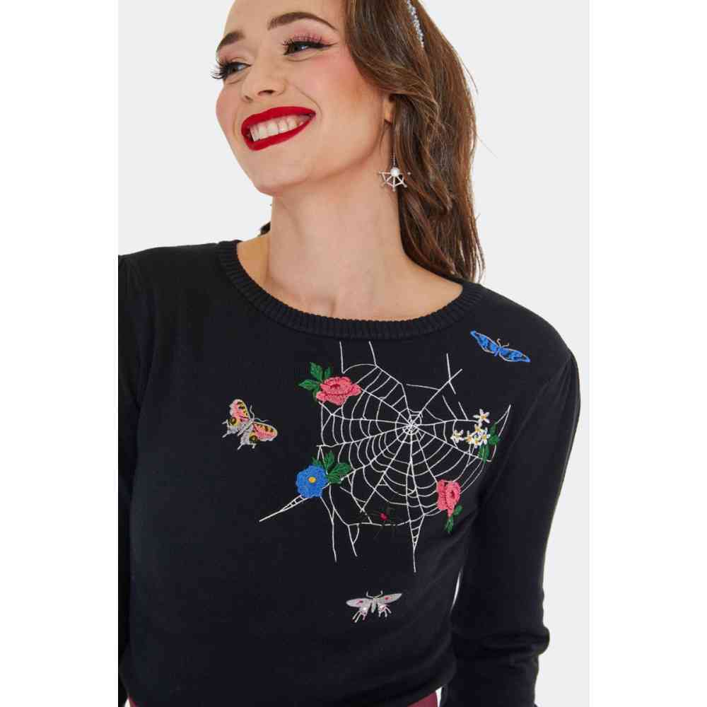 Voodoo Vixen - Floral Moth Web Embroidered Sweater/trui - Zwart